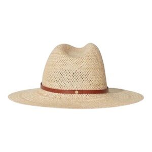 Janessa Leone Ivana Woven Straw Leather Trim Band Wide Brim Fedora Sun Hat